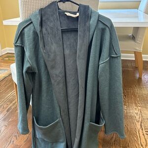 Soft Surroundings beautiful hunter green and grey long jacket with hood.